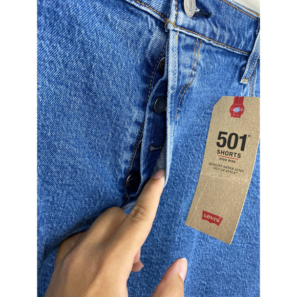 Levi's 501 Blue Denim Button Fly High Rise Cut Off Jean Shorts NEW 20W - Picture 3 of 12
